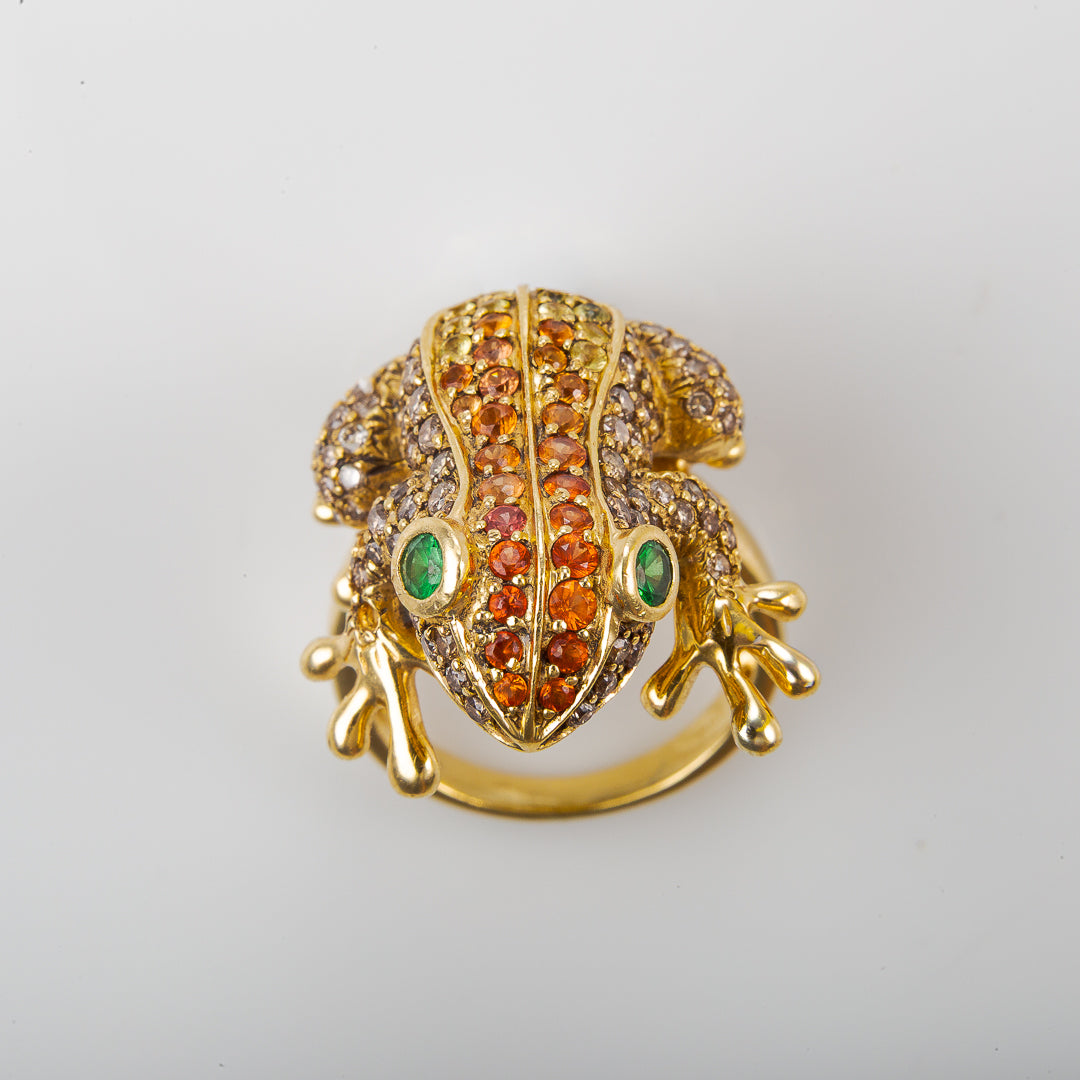 Anillo Rana en oro 18k con diamantes y zafiros