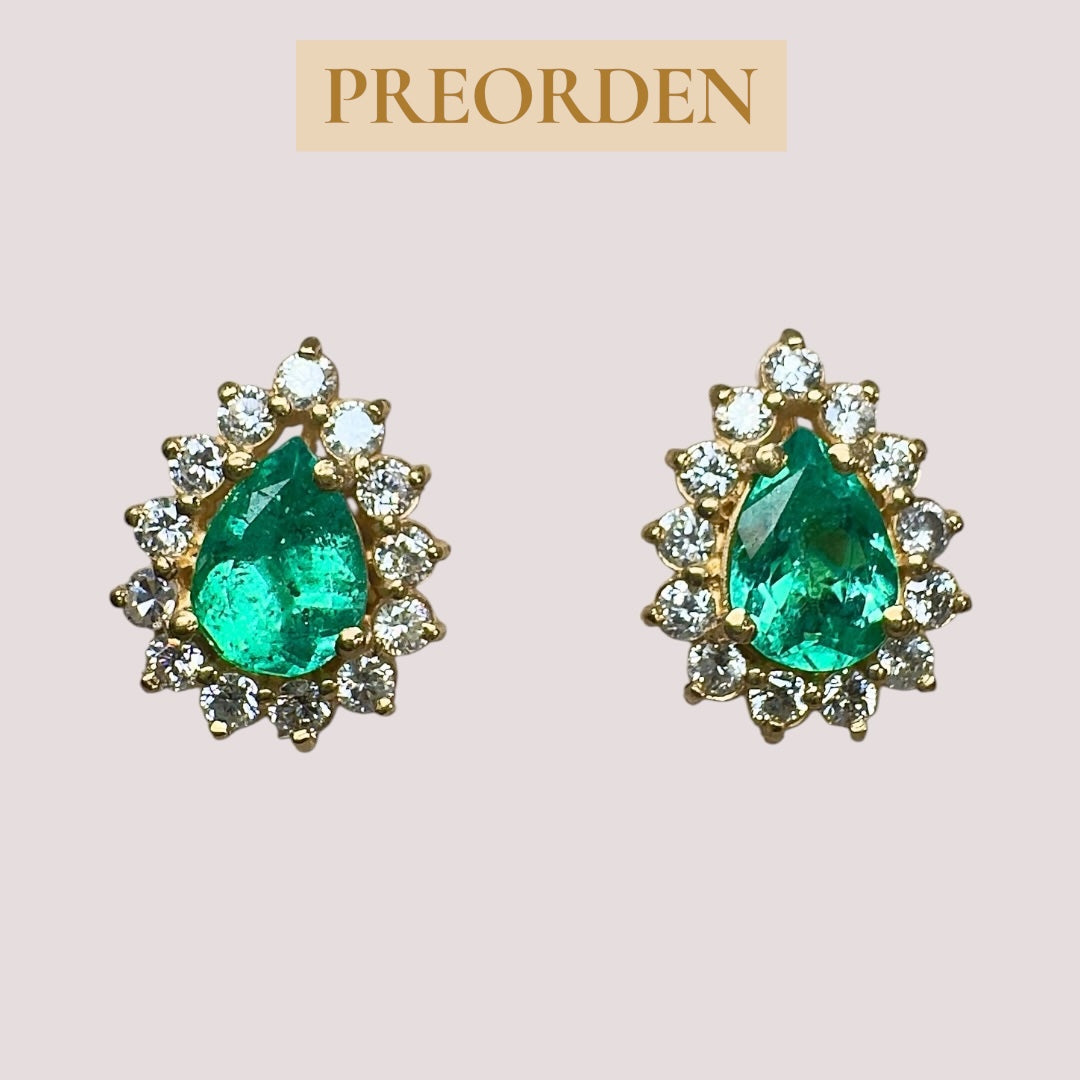 Aretes Esmeralda Gota y Diamantes